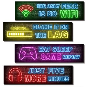 4 Pcs Printed Neon Gaming Posters, Teen Boys Room Decorations, gamer wall art Decor for bedroom Wooden