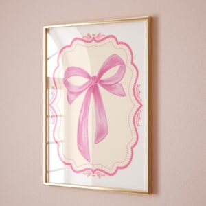 Trendy Pink Bow Wall Art Print: Preppy Coquette Teen Girl Dorm Room Decor, Unframed Canvas Size 12x18